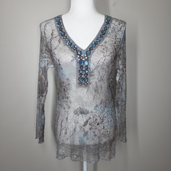 David Cline Tops - Vtg Y2K David Cline Mesh Fishnet Floral Burnout Embellished Top Grunge Fairy Lrg